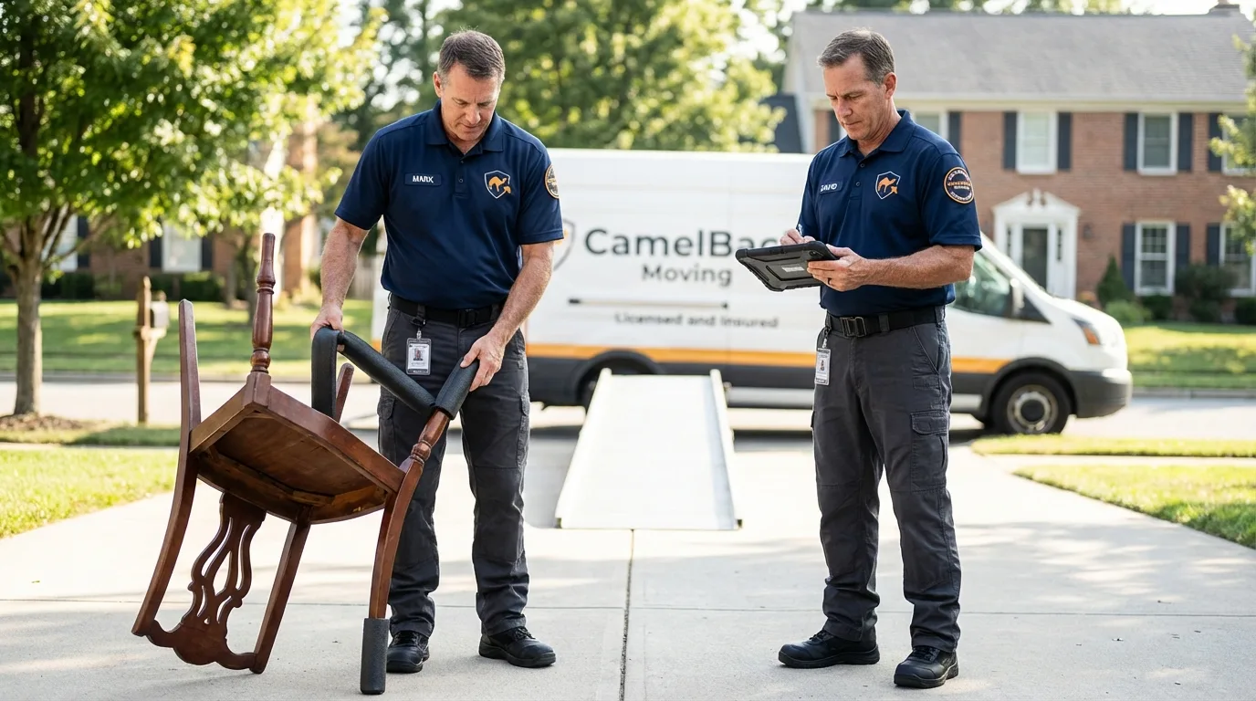 Movers inspecting furniture for damage prevention before loading in Thornwood, NY