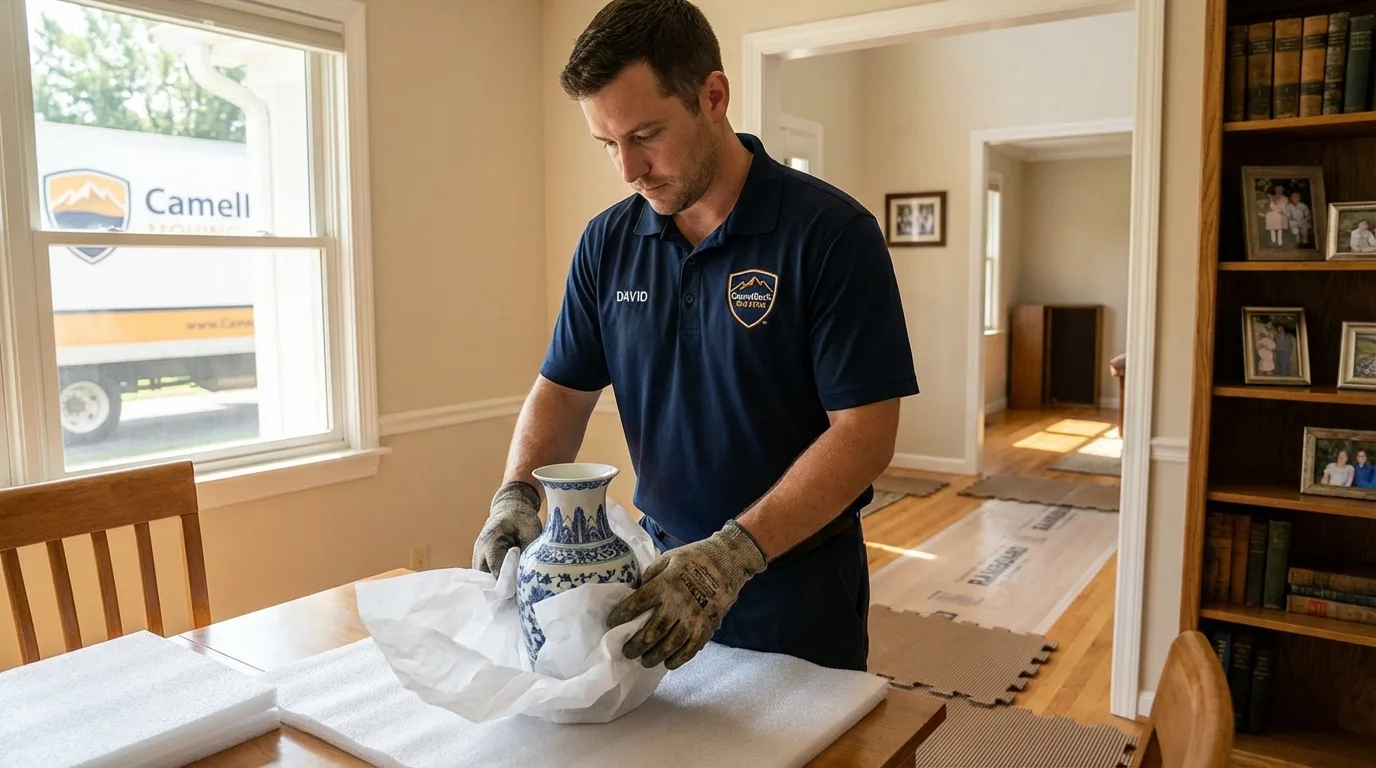 Professional crew carefully wrapping antique vase for senior downsizing move in Thornwood, NY