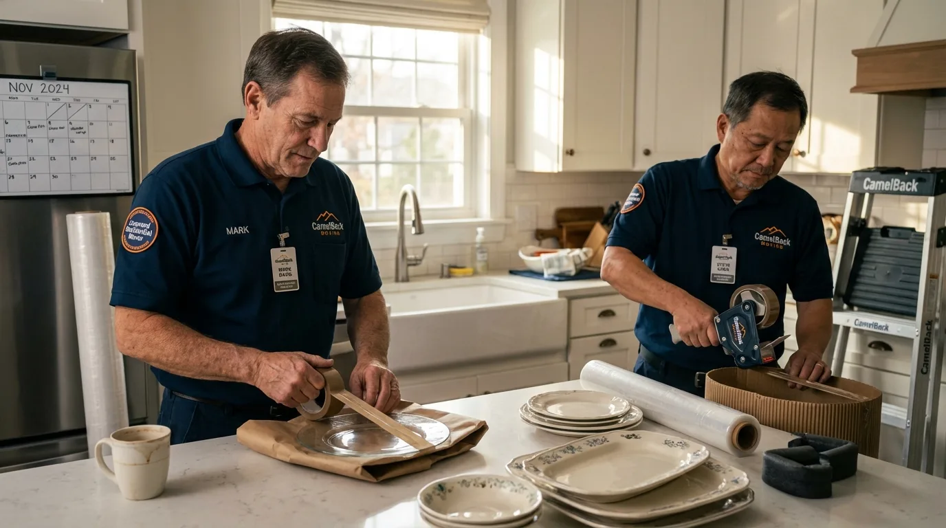 Professional crew packing kitchen dishware in Thornwood, NY
